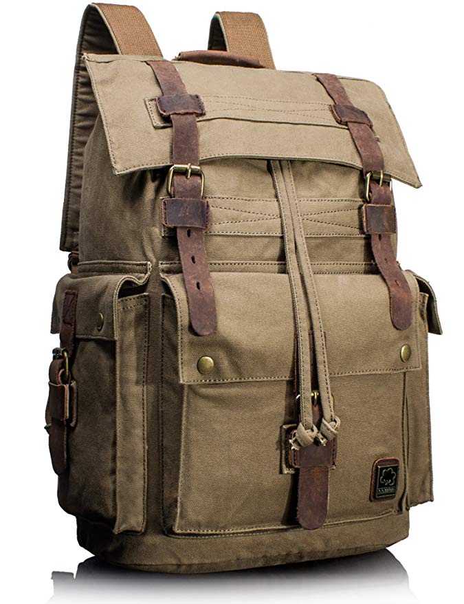 Leaper Vintage Canvas Leather Travel Rucksack Military Backpack Hiking Daypack