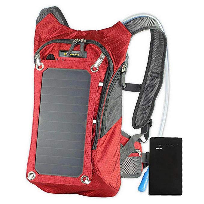 SolarGoPack Solar Powered 1.8 Liter Hydration Backpack / 7 Watt Solar Panel and 10K mAh Charging Battery / Phone and Electronic Device Power Charger Back Pack